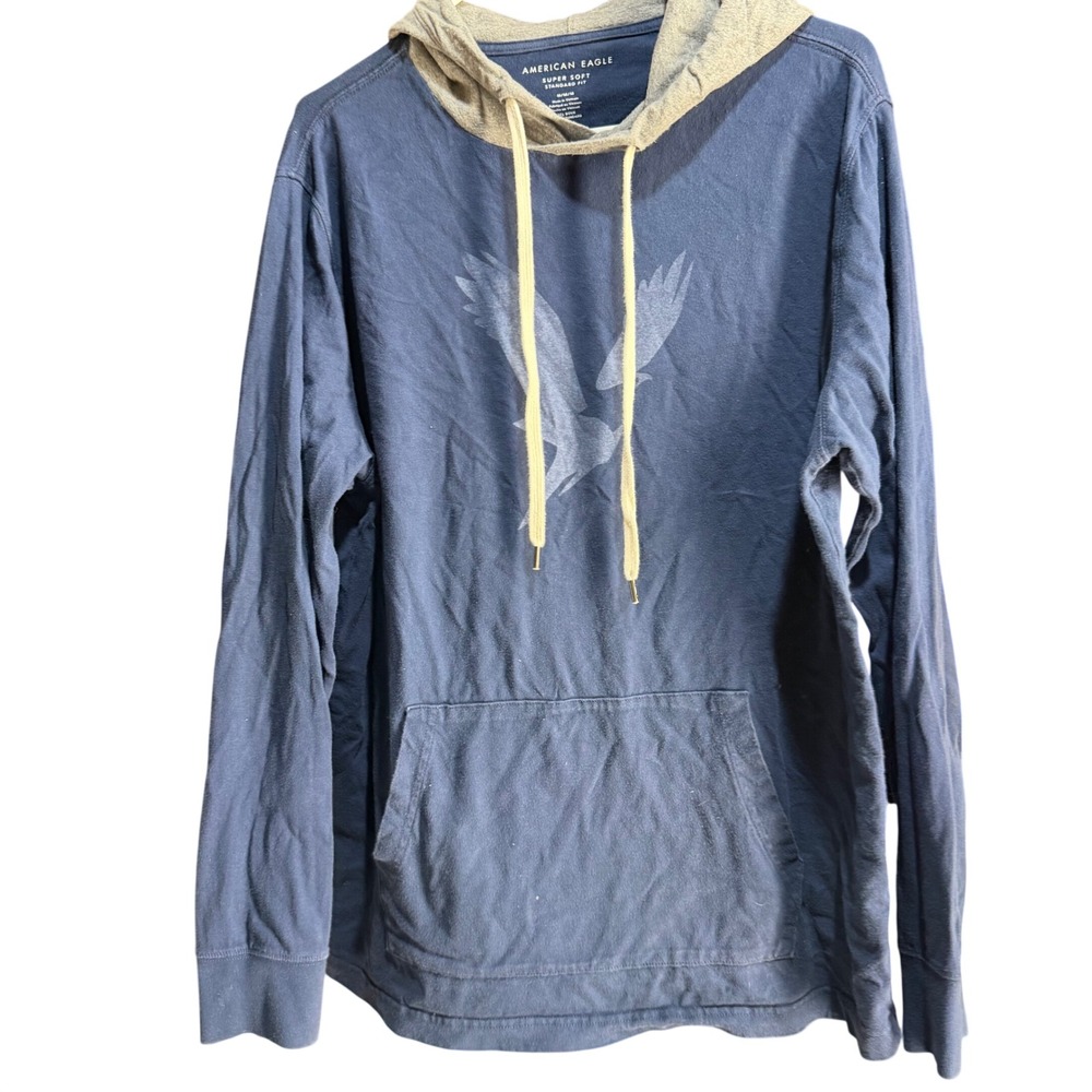 American Eagle Mens Super Soft Hoodie Navy Blue Graphic Eagle Hooded Tee Medium
